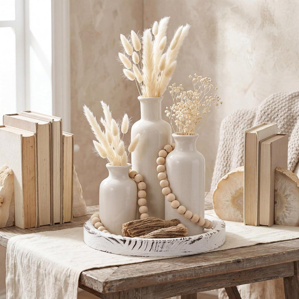 5 Pcs Rustic Country Tabletop Centerpieces Decor Set of 3 Boho Ceramic Vases with Wooden Serving Tray Wood Bead Garland Tassels Table Holder for Home Decorations(White)