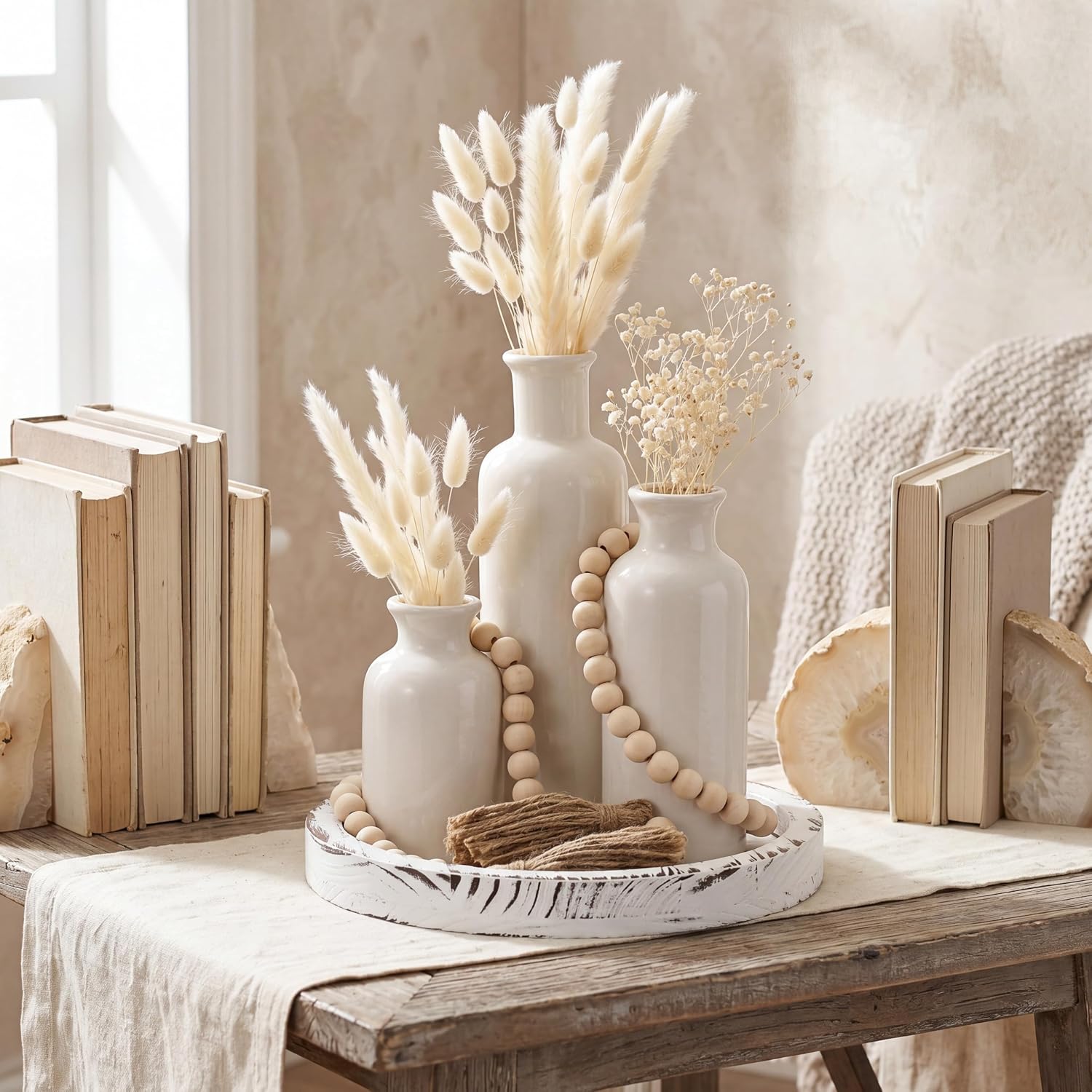 5 Pcs Rustic Country Tabletop Centerpieces Decor Set of 3 Boho Ceramic Vases with Wooden Serving Tray Wood Bead Garland Tassels Table Holder for Home Decorations(White)