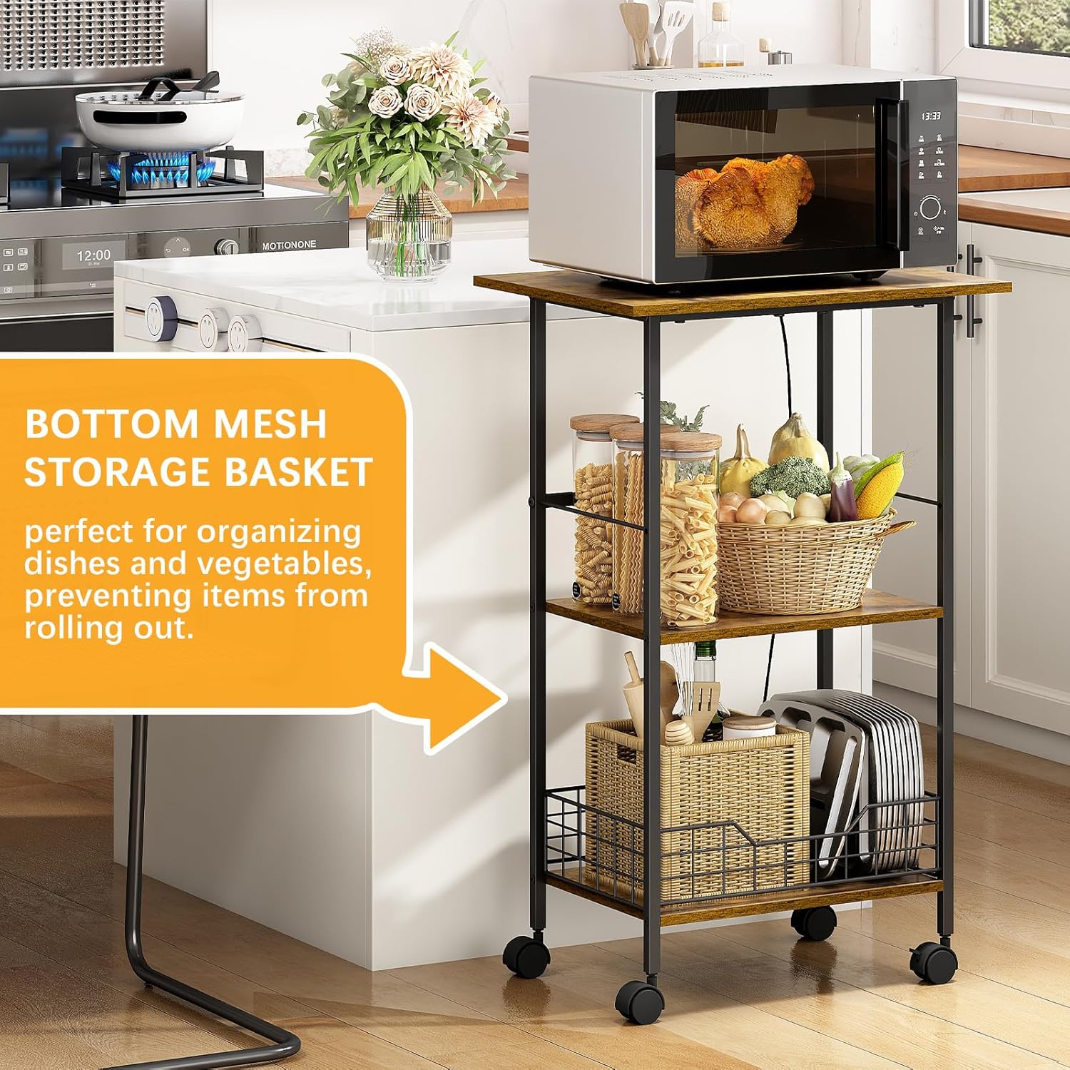 Microwave Stand with Storage, 3-Tier Rolling Kitchen Cart Table with Wire Basket, Wood and Metal Utility Cart on Wheels, Small Coffee Bar Station Cart As Kitchen Island, Microwave Shelf Organizer