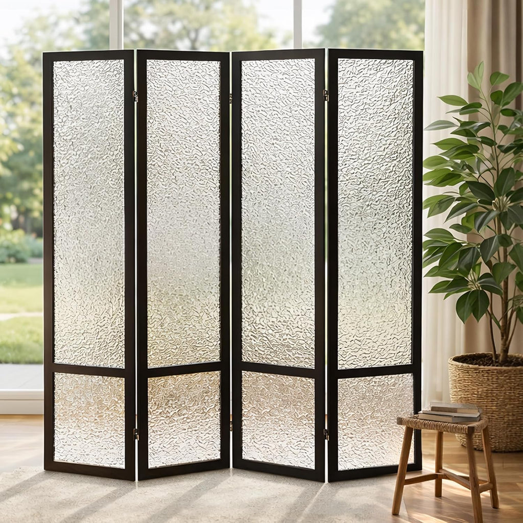 Acrylic Room Divider Panel, 67"x63" Translucent Partition Wall Divider for Room Separation, 4 Panel Freestanding Folding Privacy Screen with Black Wood Frame for Home Office & Loft