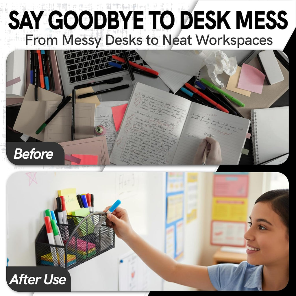 Magnetic Dry Erase Marker Holder for Whiteboard, 5 Slots Metal Pen Holder with Strong Magnets, 10inch Large Capacity Storage Basket Organizer for Office, School and Home (Black)