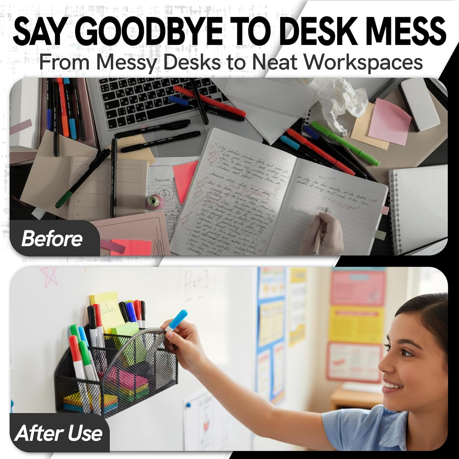 Magnetic Dry Erase Marker Holder for Whiteboard, 5 Slots Metal Pen Holder with Strong Magnets, 10inch Large Capacity Storage Basket Organizer for Office, School and Home (Black)