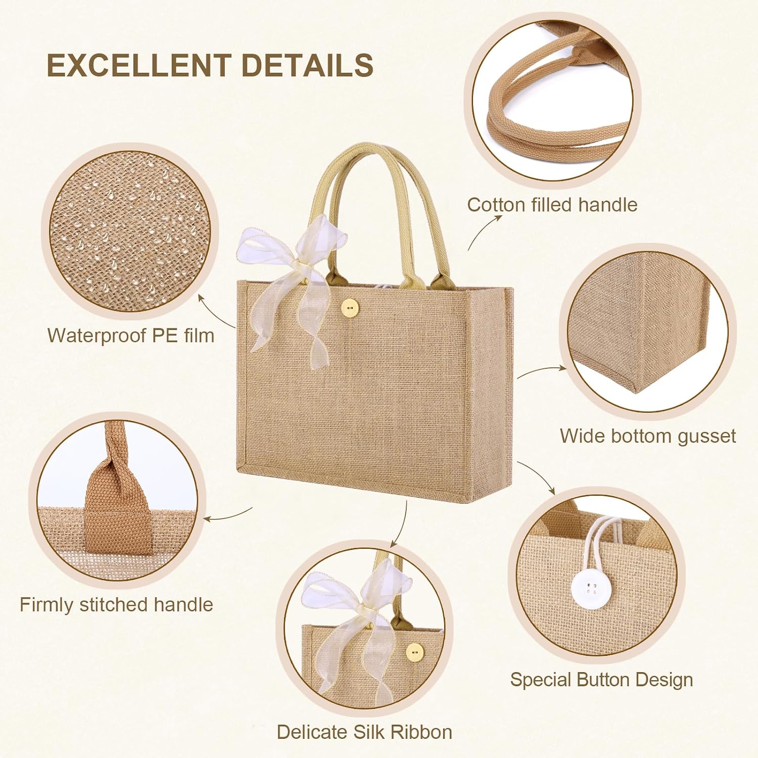 10pcs Burlap Tote Bag Set with Handles, Reusable Grocery Bags with Ribbon 13 x 9.5 x 4.7 Inch Waterproof Natural Jute Tote for Women Bridesmaid Gift Beach Shopping Wedding Travel DIY Embroidery