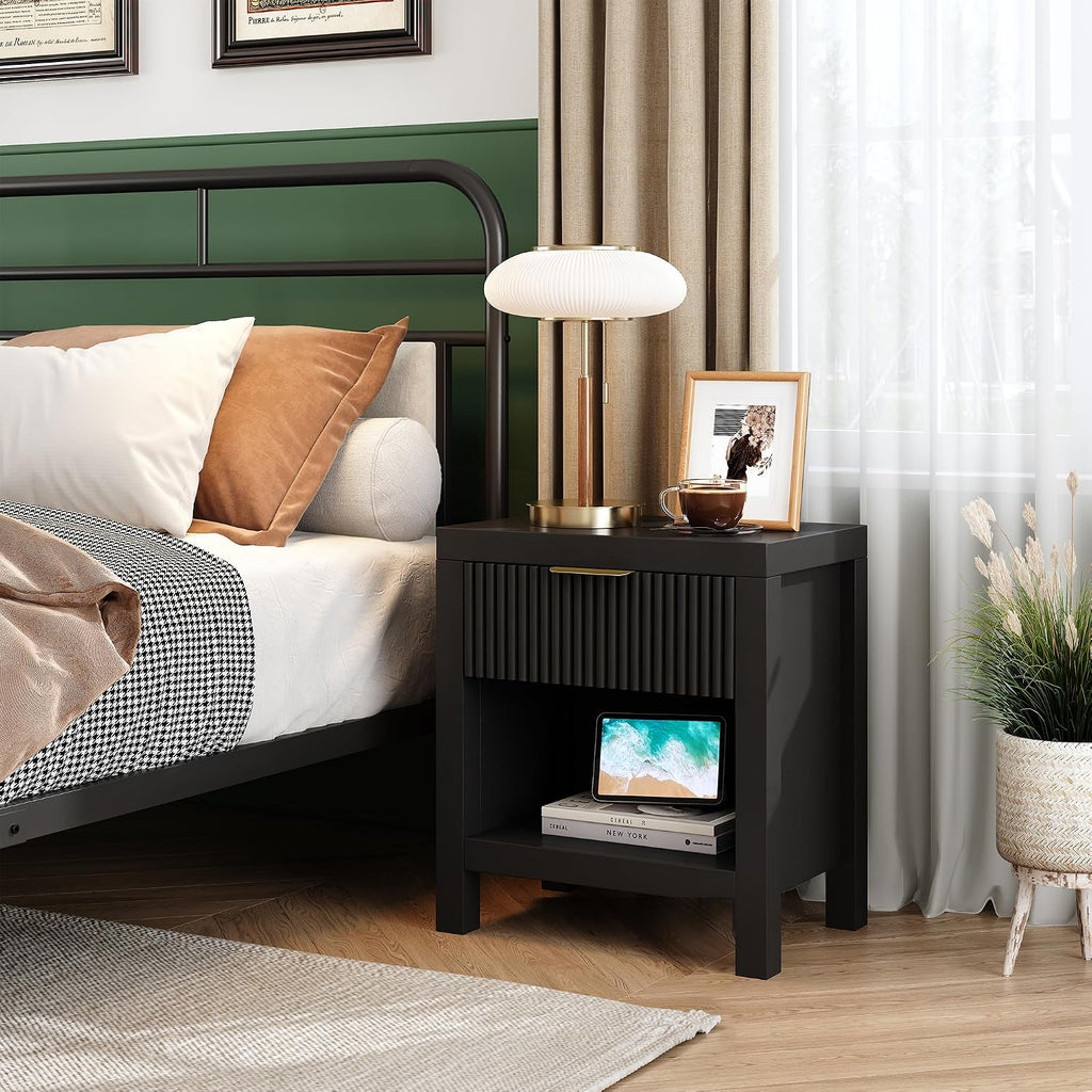 Nightstand Set of 2, Mid Century Modern Wooden Farmhouse Fluted Cabinet Bedside Cabinet, Boho End Table Side Table with Storage Drawer and Open Shelf, for Living Room, Office (Black)