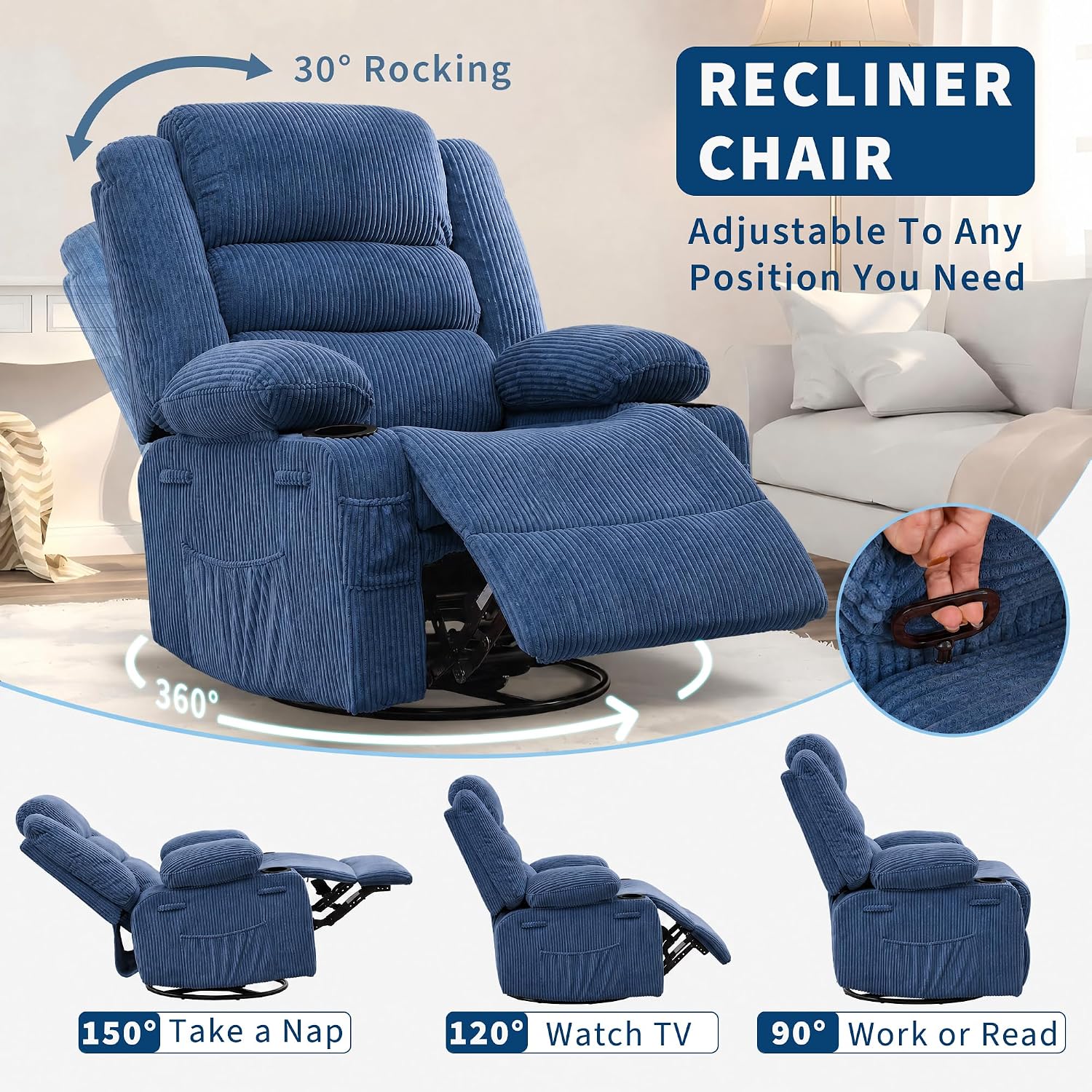 Rocking Recliner Chair for Adults Wide 360° Swivel Rocker Recliner with Cup Holder Nursery Glider with Upholstered Deep Seat Corduroy Comfy Single Sofa for Living Room Blue
