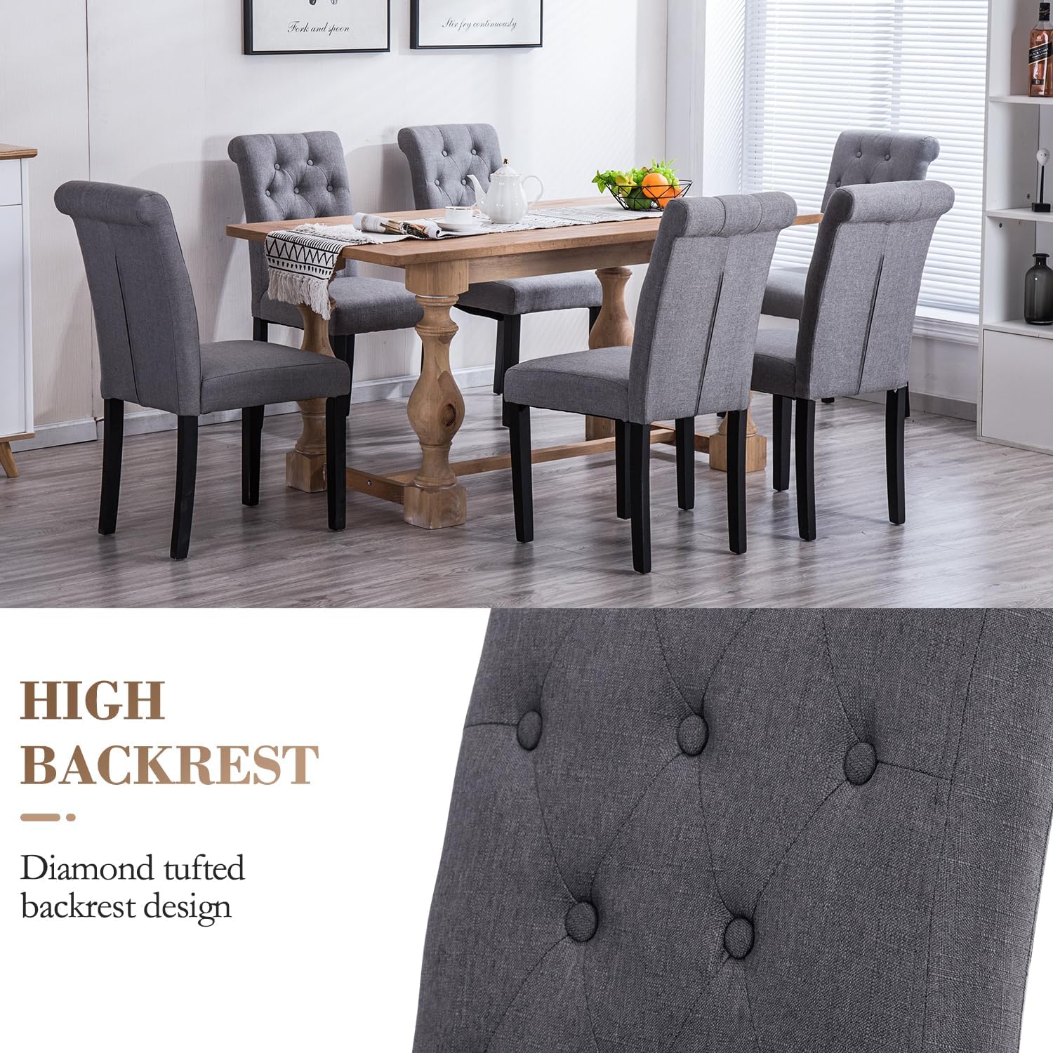 Dining Chairs Set of 2 Upholstered Dining Room Chairs Fabric Tufted Kitchen Chairs with Wood Legs High Back Dining Chair Mid Century Modern Chair for Dining Room,Kitchen,Living Room (Gray)