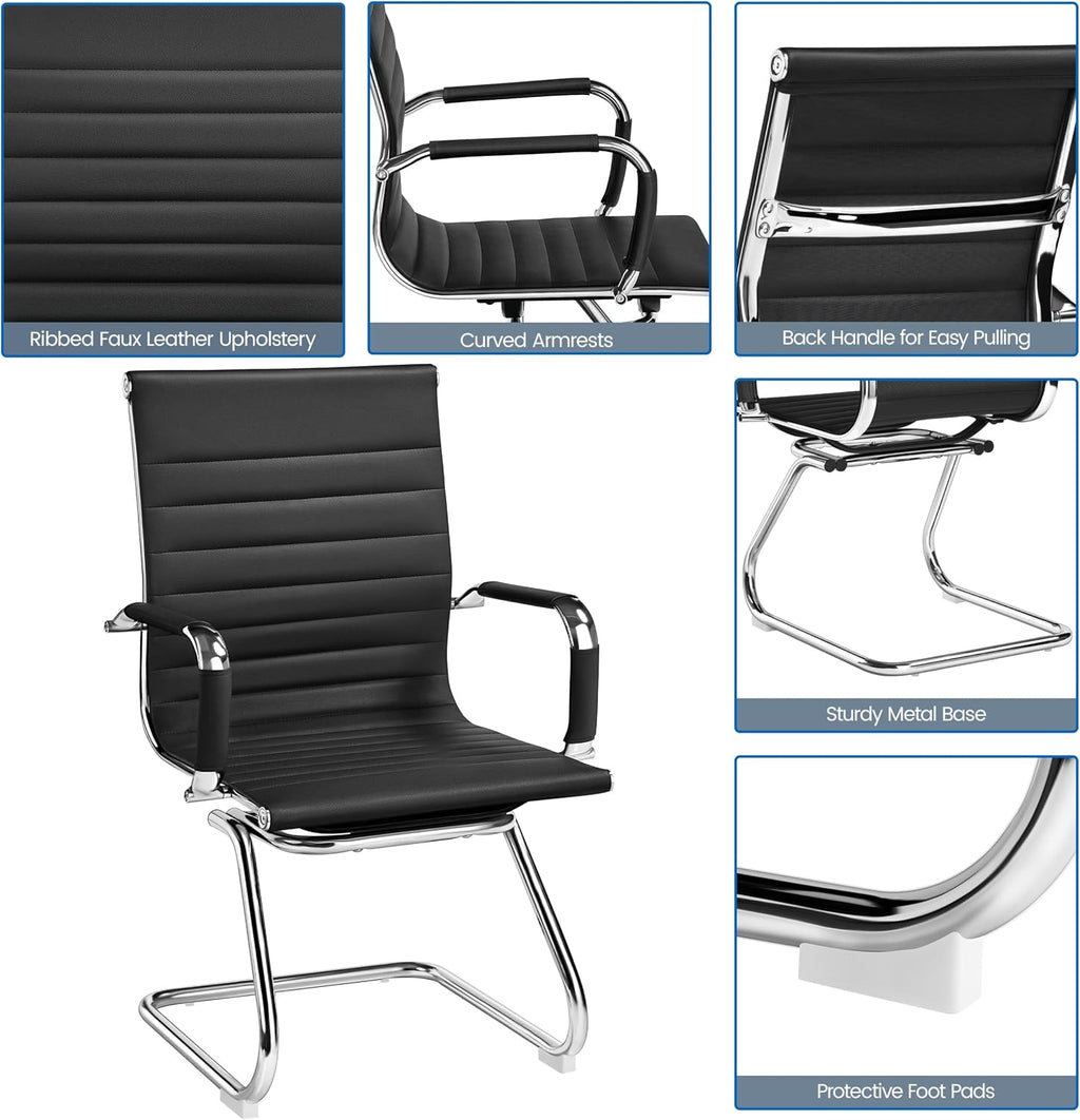 Yaheetech Faux Leather Office Reception Chair Without Wheels Mid Back Ergonomic Guest Chairs for Conference Reception Room Waiting Room, Set of 2 Black