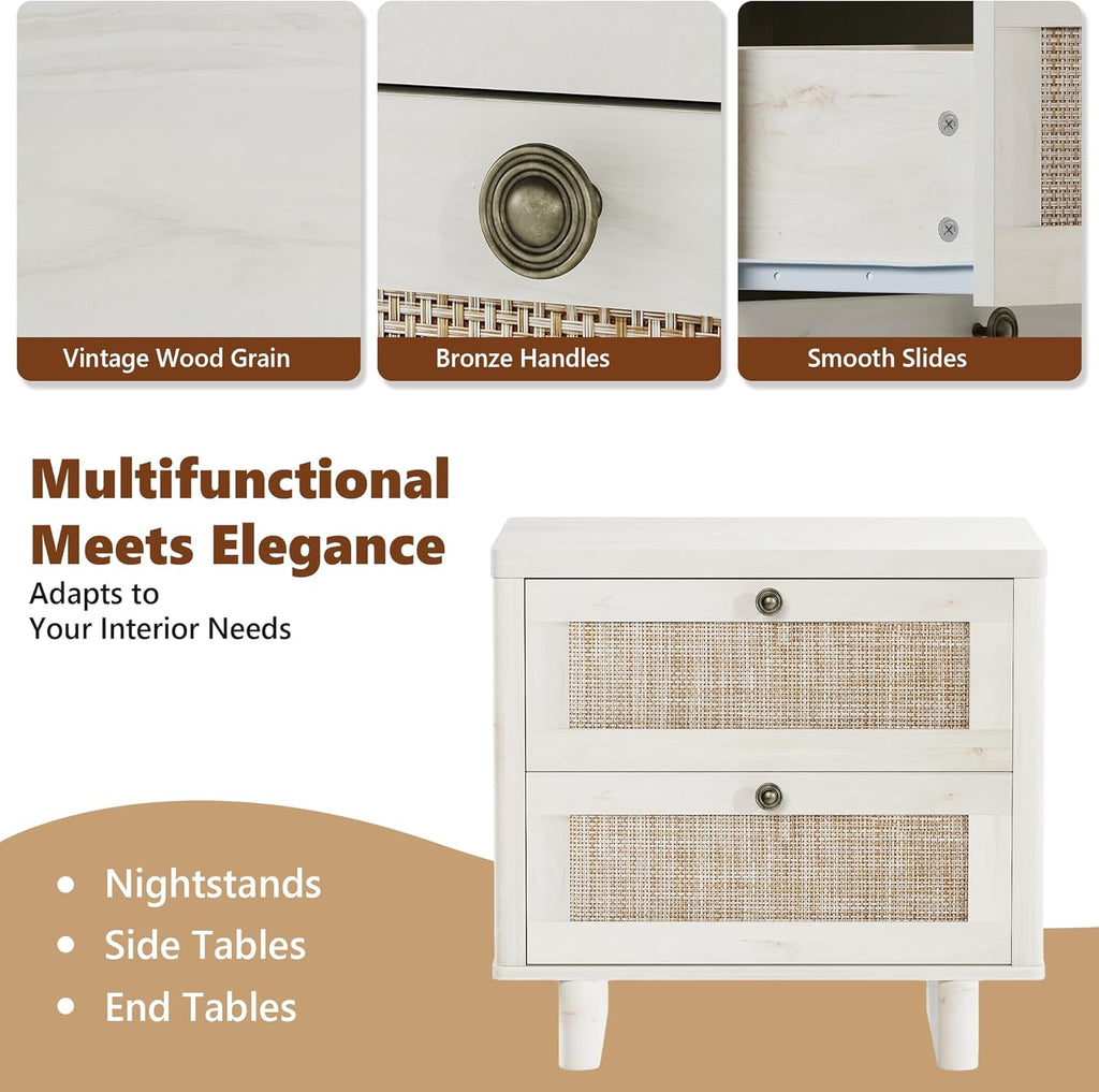LAZZO White Nightstands Set of 2 with Rattan Drawers, Modern Bedside Table | 23.6 inch Night Stand with Large Storage Space for Bedroom Living Room Office, White Oak Texture, 4 Vintage Brass Handles