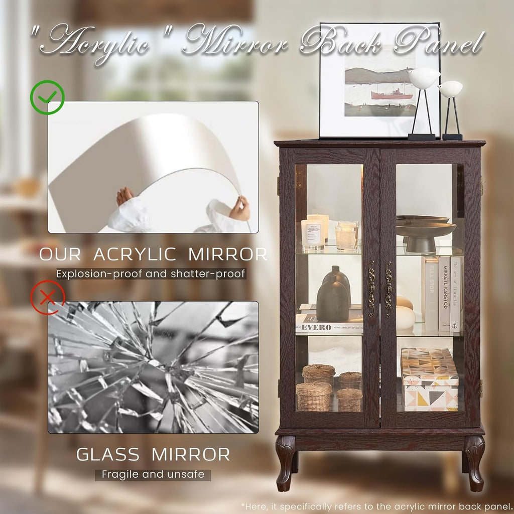 44" Small Lighted Glass Accent Curio Cabinet, Vintage China Cage with Tempered Glass Doors & Adjustable Shelves, Acrylic Mirrored Pane, Elegant Wine Artwork Showcase for Living Room (Dark Cherry)