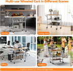 3 Tier Rolling Kitchen Carts on Wheels with Storage,650Lbs Heavy Duty Utility Carts with Wheels,Kitchen Island with Wood Tabletop,Metal Serving Rolling Cart for Small Appliance Food Cart,Wood+Metal