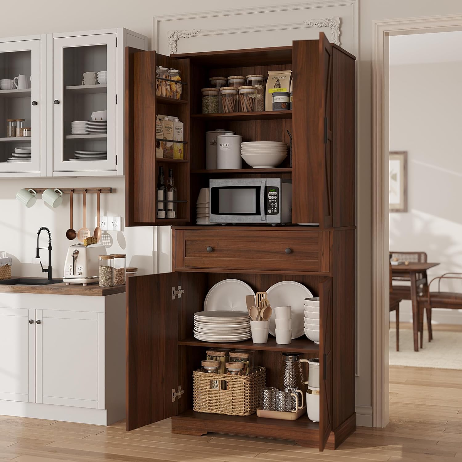 Garvee 71" Kitchen Pantry Cabinet, Barn Door Freestanding Cupboard with Drawer, Sliding Storage Rack, and 6 Hanging Shelves for Kitchen, Dining Room, Living Room Bedroom