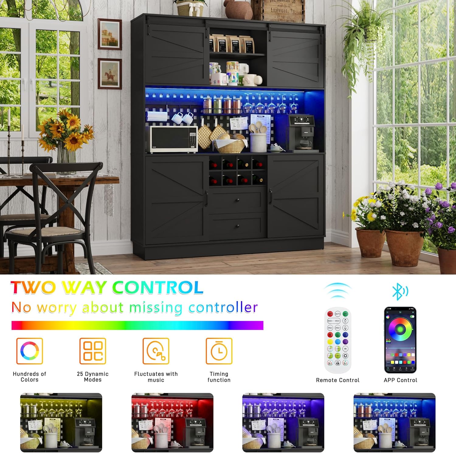 75”Tall 63"W Extra Large LED Farmhouse Kitchen Storage Pantry Hutch Cabinet w/Power Outlet,Pegboard,Coffee Bar Cabinets,Microwave Shelf,Wine Rack,4 Barn Doors,2 Drawers, Dining Room,Black