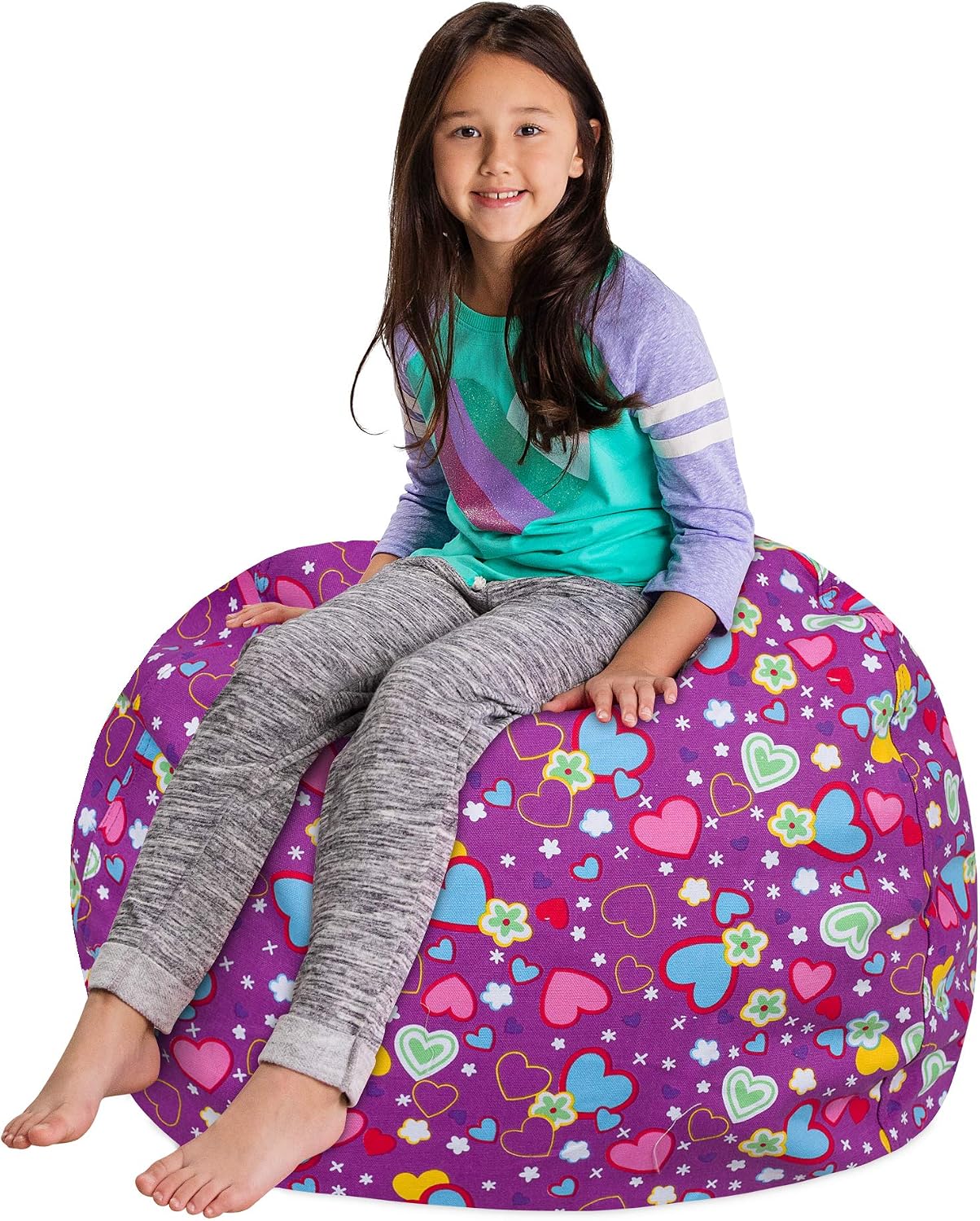 Posh Creations Stuffable Kids Stuffed Animal Storage Bean Bag Chair Cover - Childrens Toy Organizer, Large-38 - Canvas Multi-Colored Hearts on Purple