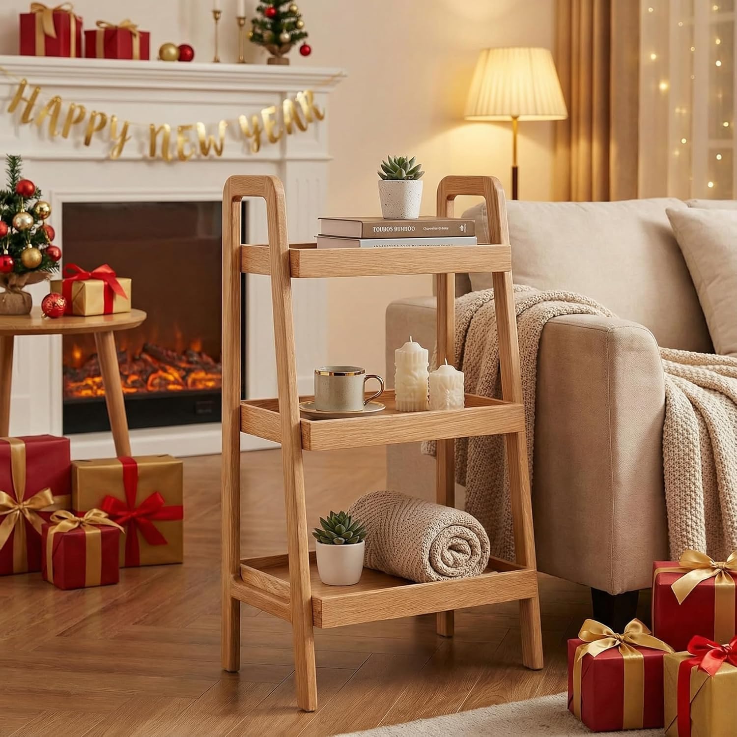 100% Solid Wood 3-Tier Ladder Shelf, Small Bookcase, Storage End Table, Open Display Stand for Living Room, Bedroom, Kitchen, Bathroom (Original Wood Color)