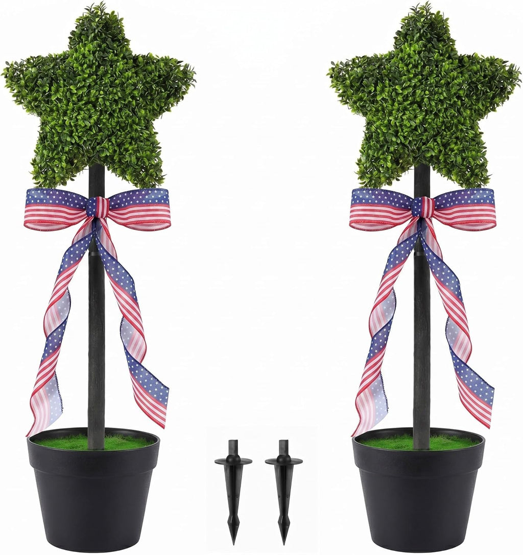 2 Pack Patriotic Star Topiary Tree 21.6"-32.6'' Large Star Shaped Artificial Plant Decor for Indoor and Outdoor Patriotic 4th of July Memorial Day Garden Porch Yard Decorations