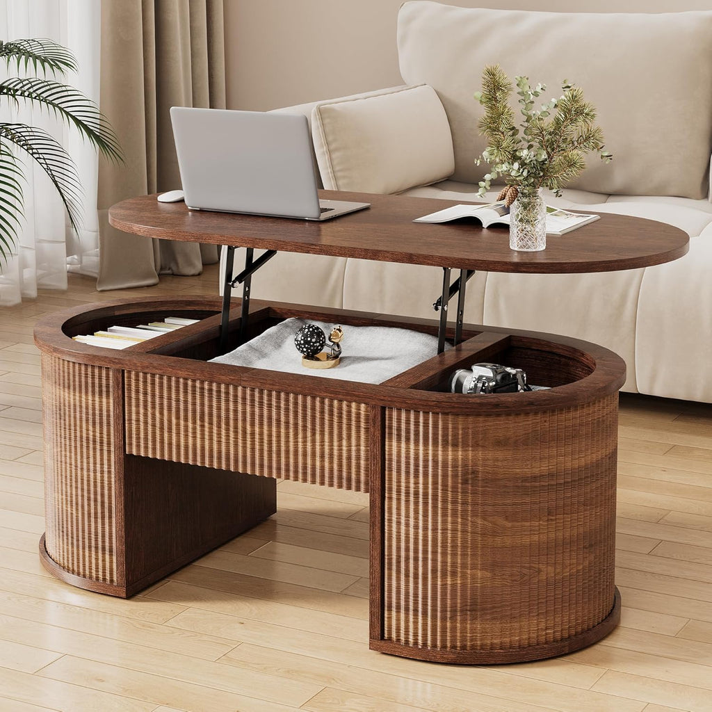 Fluted Lift Top Coffee Table with Storage, Oval Living Room Center Table with Hidden Compartment, Modern Mid-Century Wood Coffee Table for Small Spaces, Home Office, Walnut
