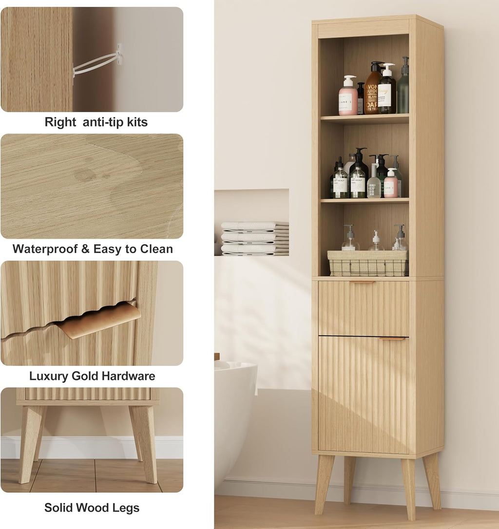 70" H Tall Storage Cabinet, Fluted Freestanding Floor Organizer for Bathroom, Kitchen Pantry, Utility Room, w/Drawer & Adjustable Shelves, Modern Accent in Natural Wood