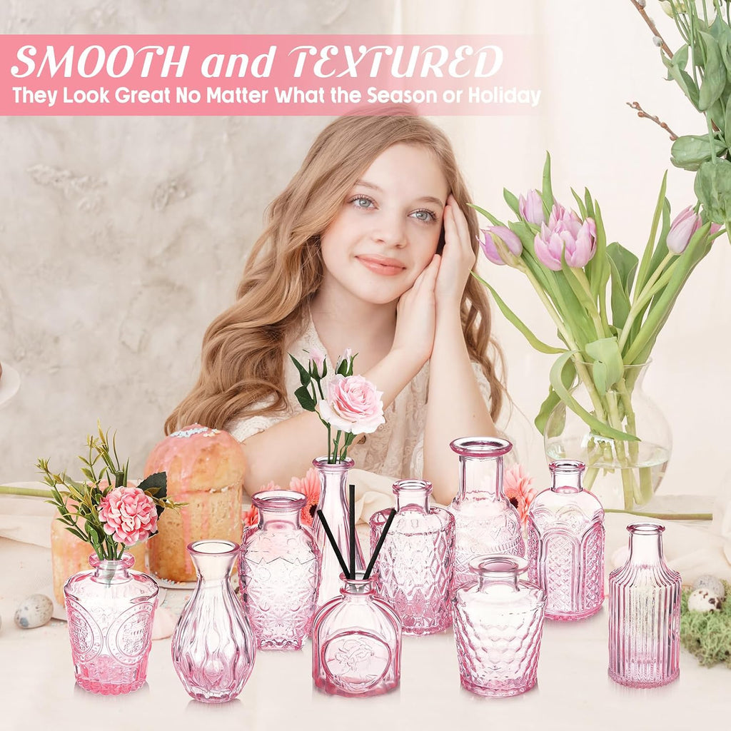Inbagi 20 Pcs Glass Bud Vase Set - Pink Small Flower Vases Bulk, Vintage Embossed Decorative Bottles for Wedding Valentine Home Table Centerpieces Decor