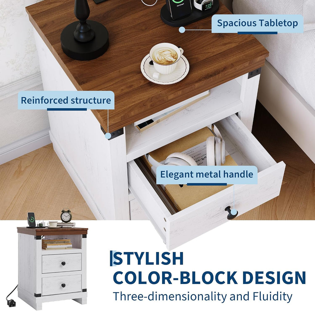 Garvee Farmhouse Nightstand with Charging Station, Set of 2 Modern Bedside End Table with 2 Drawers, USB Ports & Outlets, White Accent Table for Bedroom & Living Room, 18.11" w