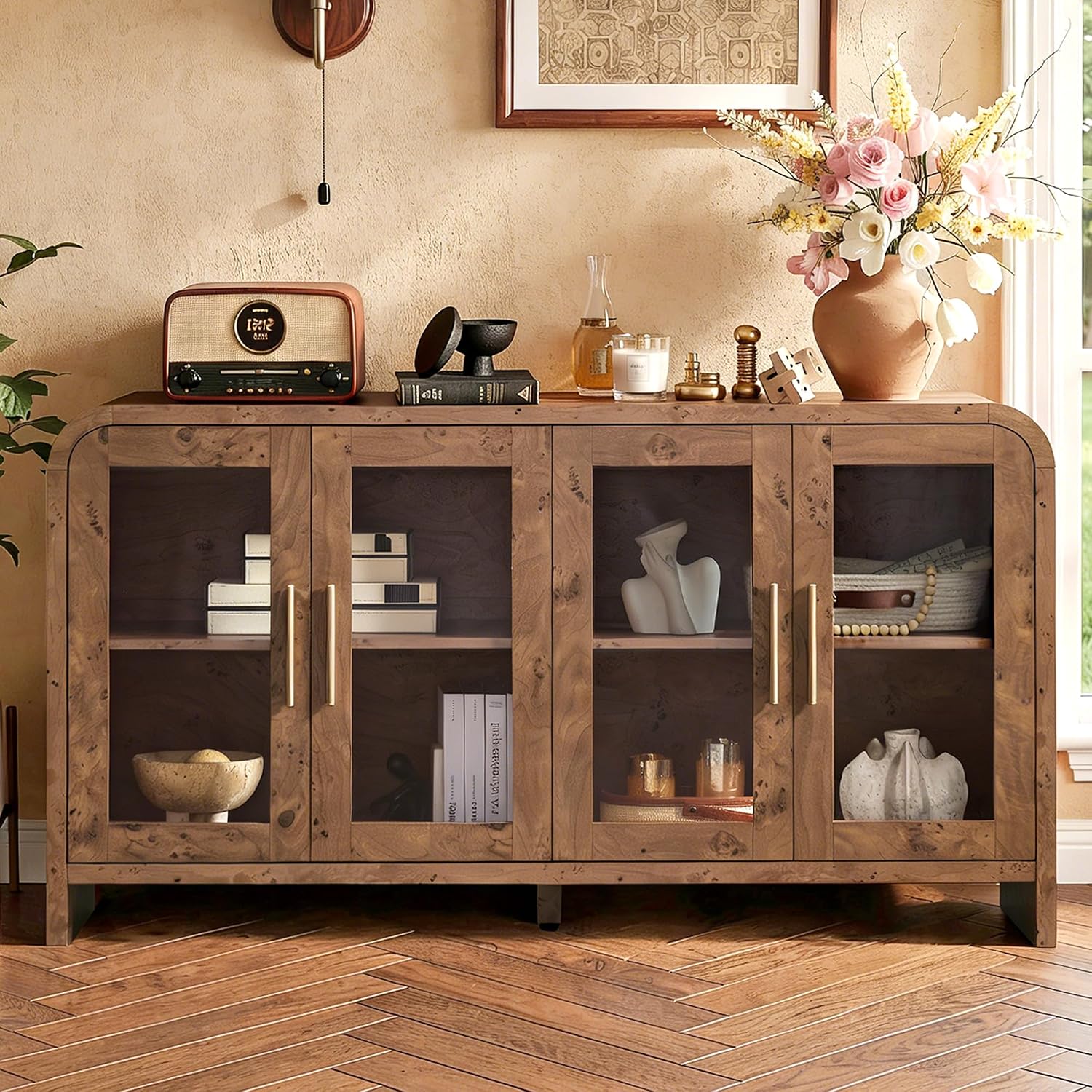 59" Sideboard Buffet Cabinet with Storage, Sideboard Cabinet with Adjustable Shelves & 4 Glass Doors,Coffee Bar Console Table for Kitchen, Living Room, Entryway (Dark Burl)