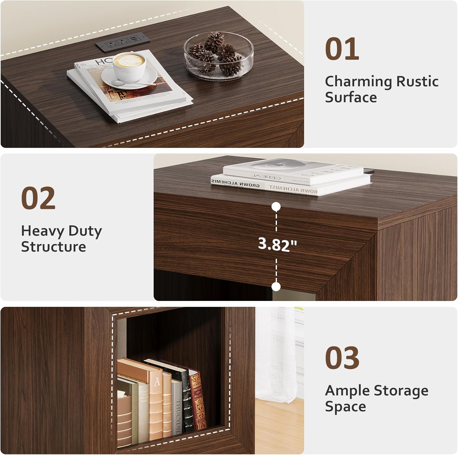 Rustic End Table Set of 2, 23.6" Wood Nightstand, Brown