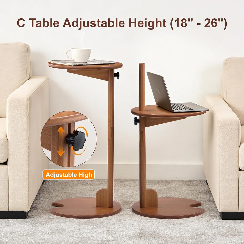 18–26" Height Adjustable Bamboo C-Shaped Side End Table for Sofa | Slides Under Couch; Round Solid Bamboo Top; Works as Laptop Desk & TV Tray; Space-Saving for Small Living Rooms and Bedrooms
