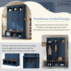 Merax Classic Arched Hall Tree with 3 Hidden Storage, Farmhouse Mudroom Bench with 5 Hooks, Mid-Century Entryway Organizer for Shoes, Blue