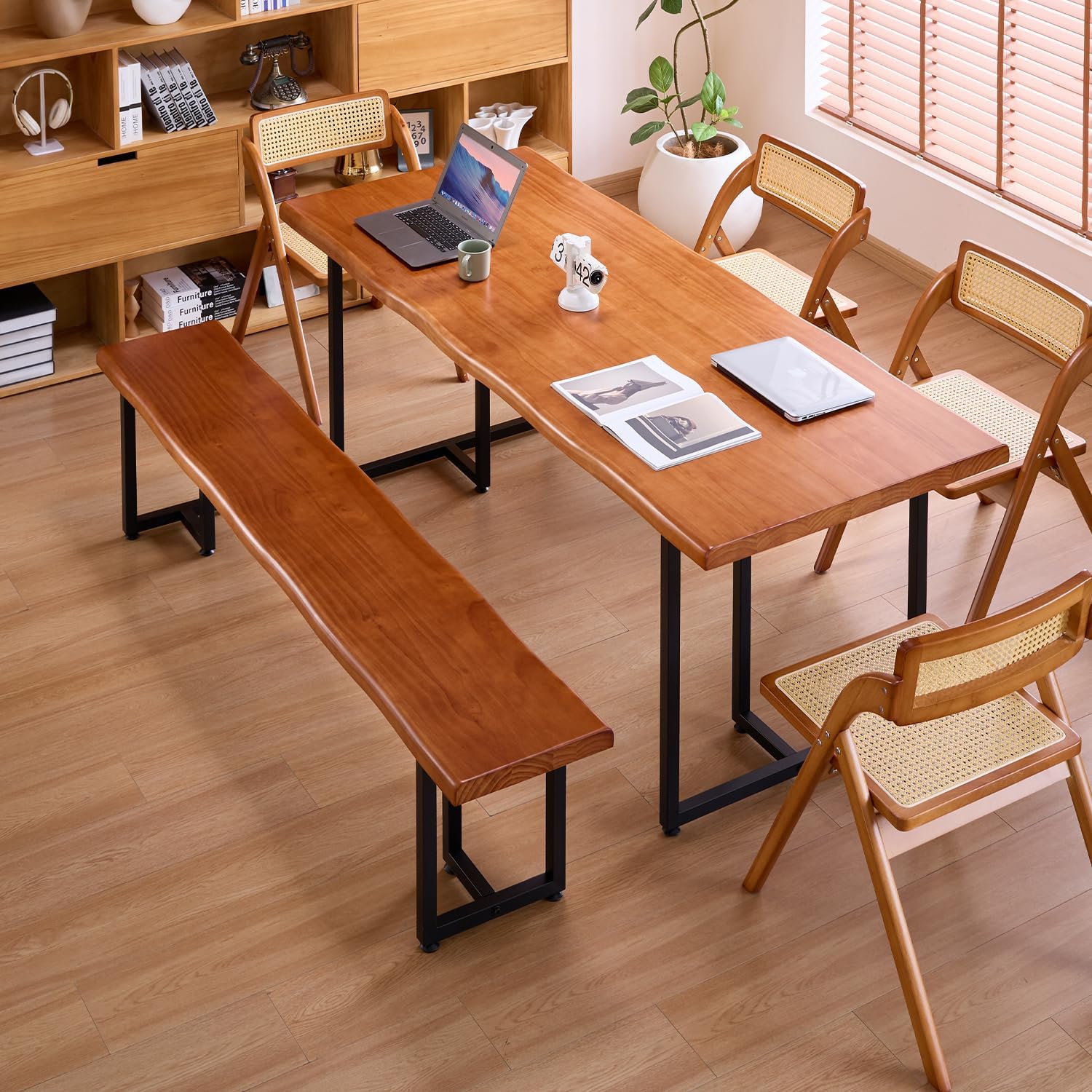 Durable Solid Wood Top Bench with Metal Triangular Legs – Stylish Long Dining Bench for Home, Office, Restaurant & Patio (Wooden Brown Bench, 55.12in)