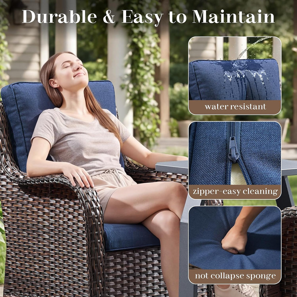 Rilyson Luxury Outdoor Wicker Glider Rocker Chairs for 4 Person, Outdoor Furniture Sets with 2 Piece Wicker Swivel Rocker Chairs, Rattan Glider Rocker Chairs with Table for 2 Seats Brown/Blue