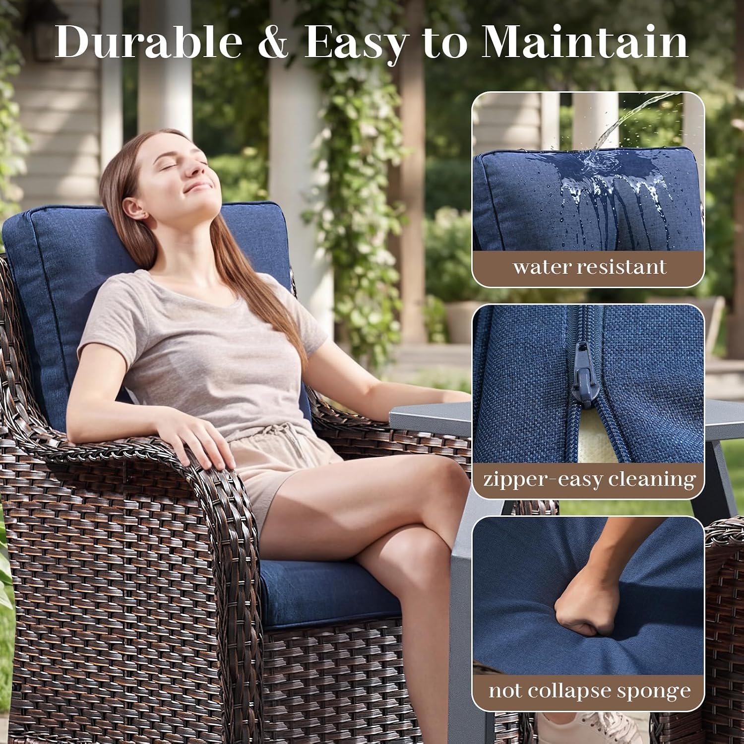 Rilyson Luxury Outdoor Wicker Glider Rocker Chairs for 4 Person, Outdoor Furniture Sets with 2 Piece Wicker Swivel Rocker Chairs, Rattan Glider Rocker Chairs with Table for 2 Seats Brown/Blue