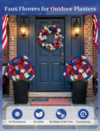 BLOSMON 4th of July Topiary Balls: Outdoor Set of 2 Red White Blue 29" H X 19.7" W Artificial Geraniums for 250 Anniversary Porch Decoration - Patriotic Fake Flowers Bush for Patio Planter