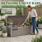 Vixzen 80 Gallon Outdoor Storage Bench, Lockable All-Weather Resin Seating with Hidden Storage Deck Box, Waterproof Patio Furniture for Pool Garden (Grey-Wood Grain)