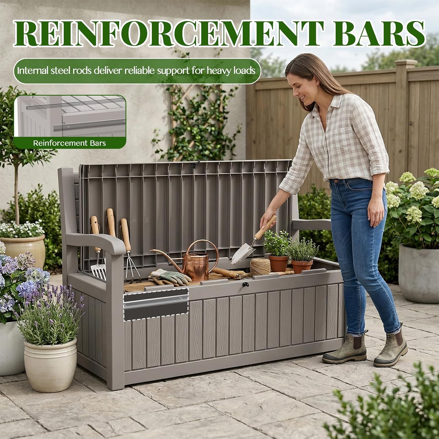Vixzen 80 Gallon Outdoor Storage Bench, Lockable All-Weather Resin Seating with Hidden Storage Deck Box, Waterproof Patio Furniture for Pool Garden (Grey-Wood Grain)