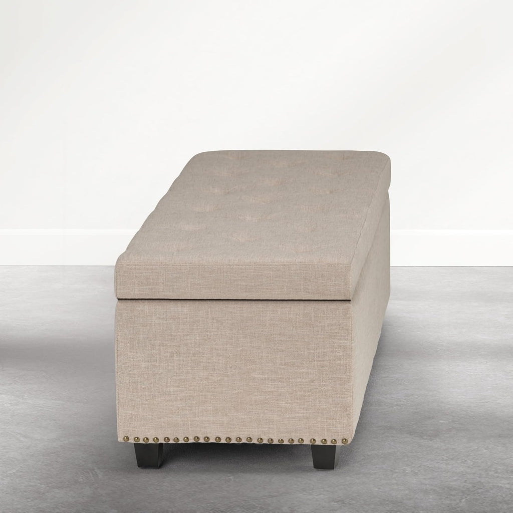 SIMPLIHOME Hamilton Storage Ottoman - 48 in Wide Upholstered Linen Look Fabric Rectangle Storage Ottoman Bench in Natural Beige, Traditional Tufted Ottoman for Living Room or Entryway with Lift-Up Lid