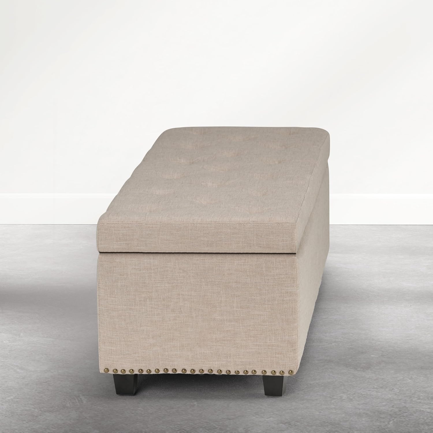 SIMPLIHOME Hamilton Storage Ottoman - 48 in Wide Upholstered Linen Look Fabric Rectangle Storage Ottoman Bench in Natural Beige, Traditional Tufted Ottoman for Living Room or Entryway with Lift-Up Lid