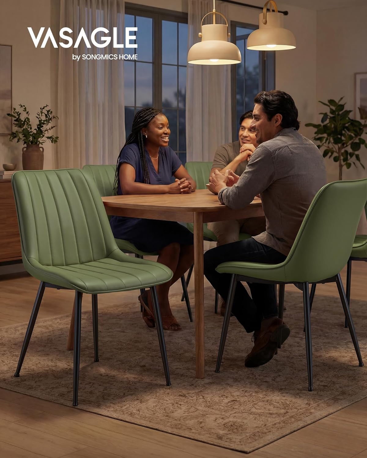 VASAGLE Dining Chairs Set of 4, Upholstered Kitchen Chairs, Synthetic Leather, Max. Load 264 lb, Steel Legs, Curved Backrest, for Dining Room, Forest Green and Ink Black ULDC090CH02-2J