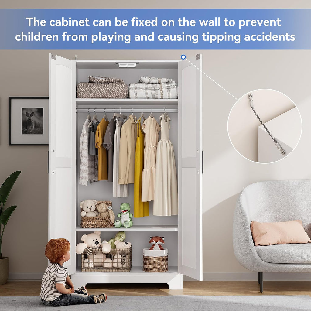 Wooden Armoire Wardrobe Closet, Wardrobe Cabinet with Door and Shelves, Freestanding Bedroom Armoires Clothing Storage Cabinet with Hanging Rod for Bedroom, Laundry Room, Cloak Room（White）