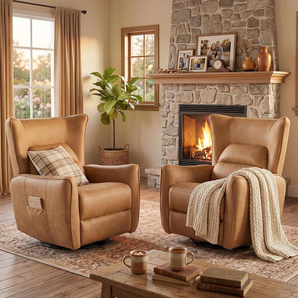 HAOMARKETS Electric Swivel Rocker Recliner Chair Set of 2, Power Faux Leather Glider Rocking Recliners for Adults, 270° Swivel Nursery Reclining Sofa with Overstuffed Backrest，Brown