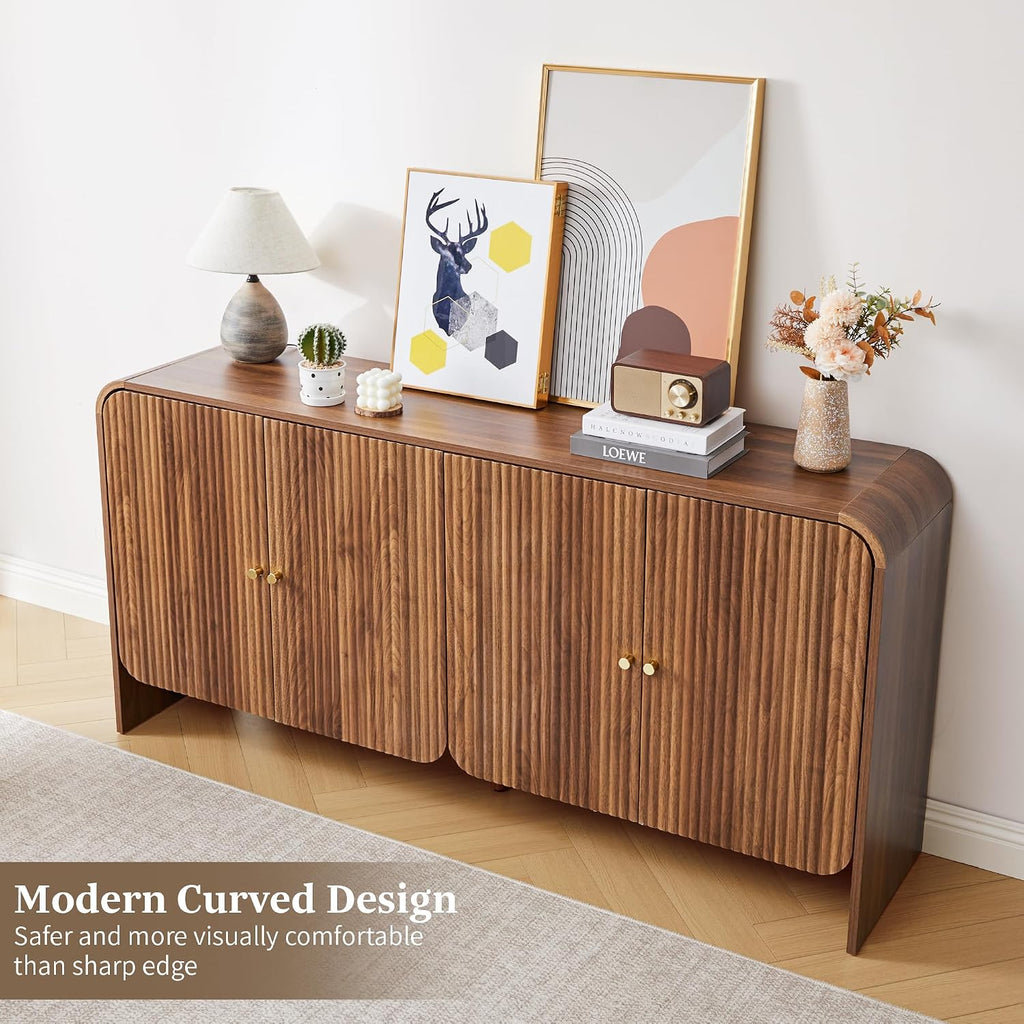 59” Large Buffets Sideboard Cabinet with Storage, Fluted Curved Credenza Buffet Table Storage Cabinet with 4 Doors, Modern Wood Accent Console Table Coffee Bar for Living Room Kitchen Hallway, Walnut