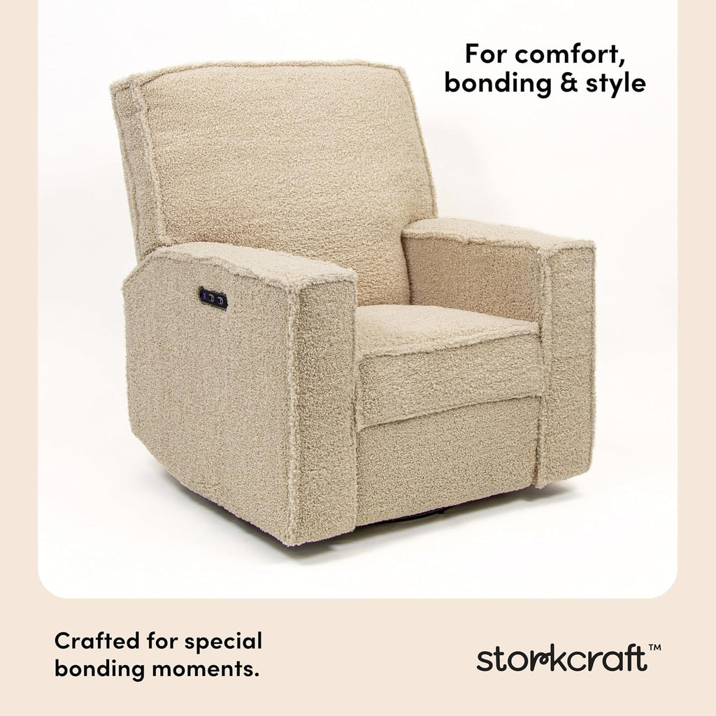 Storkcraft Texas Nursery Power Recliner Swivel Glider – Oeko-TEX 100 Certified, Nursery Rocking Chair with Push-Button Electronic Recline Function, USB-A and USB-C Charging Ports (Vanilla Sherpa)