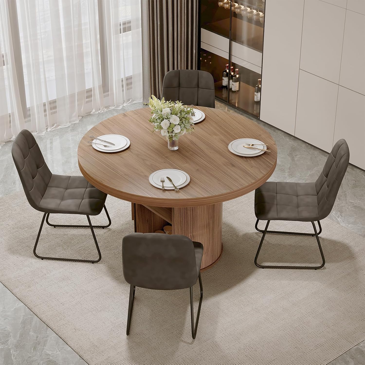 5-Piece Dining Set for Small Spaces 43.3" Round Table & 4 PU Leather Chairs, Modern Farmhouse with Storage Shelf, Apartment Kitchen Easy Assembly (Walnut Color Round Table + 4 U-Shaped Gray Chairs)