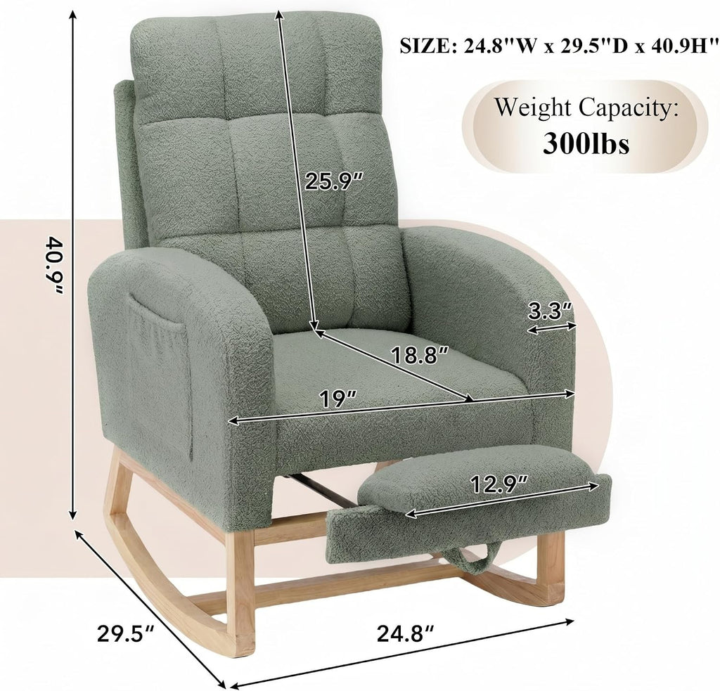 Nursery Rocking Chair, Polyester Upholstered Glider Chair with Footrest, Comfy Rocker Chair, Accent Chair with High Backrest, Glider Rocker, Armchair for Living Room (Green Teddy)