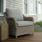 Martha Stewart Lily Pond Indoor-Outdoor Weathered Gray Rattan Wicker Patio Club Chair with All-Weather Gray Back and Seat Cushions, 300 Lb. Static Weight Capacity