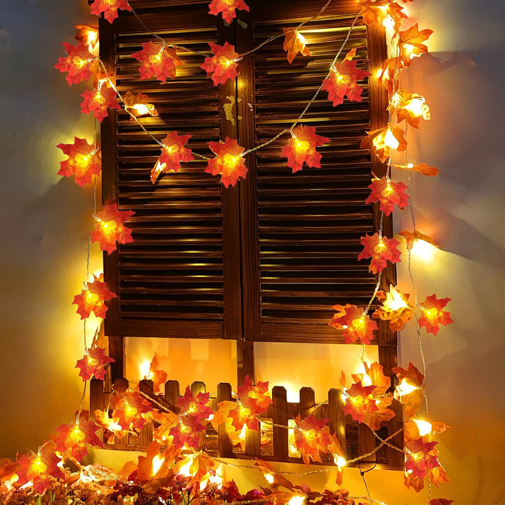 TURNMEON 2 Pack Fall Decor Enlarged Maples Leaves Lights Total 20Ft 40LED Fall Decorations for Home, Battery Operated Autumn Garland Lights Waterproof Indoor Outdoor Halloween Thanksgiving Decorations
