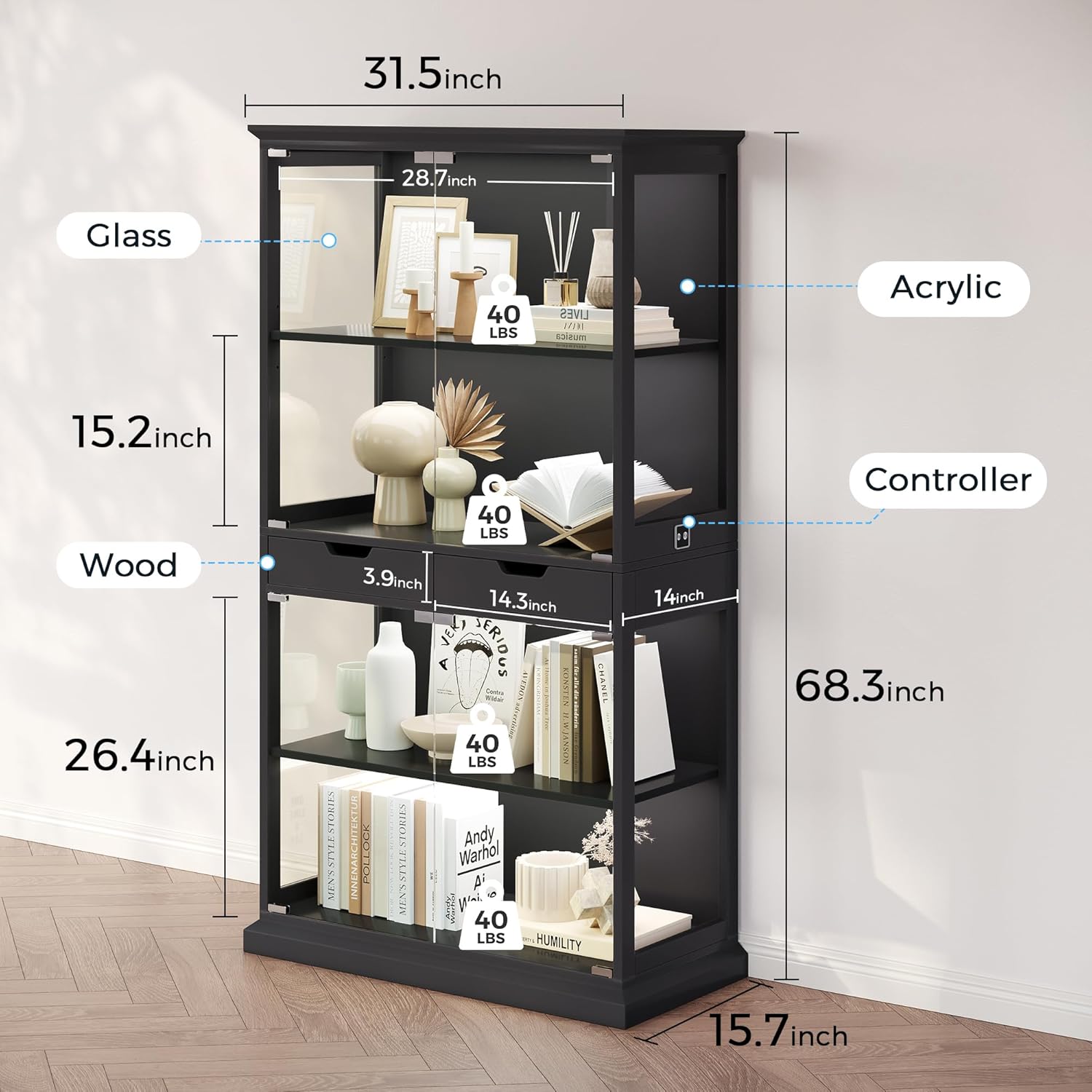 Jocoevol Display Cabinet with Glass Doors, 4-Tier Curio Cabinet with with 2 Drawers for Collectibles, Modern Glass Display Case Human Body Sensor & RGB Lights for Living/Game Room (Black)
