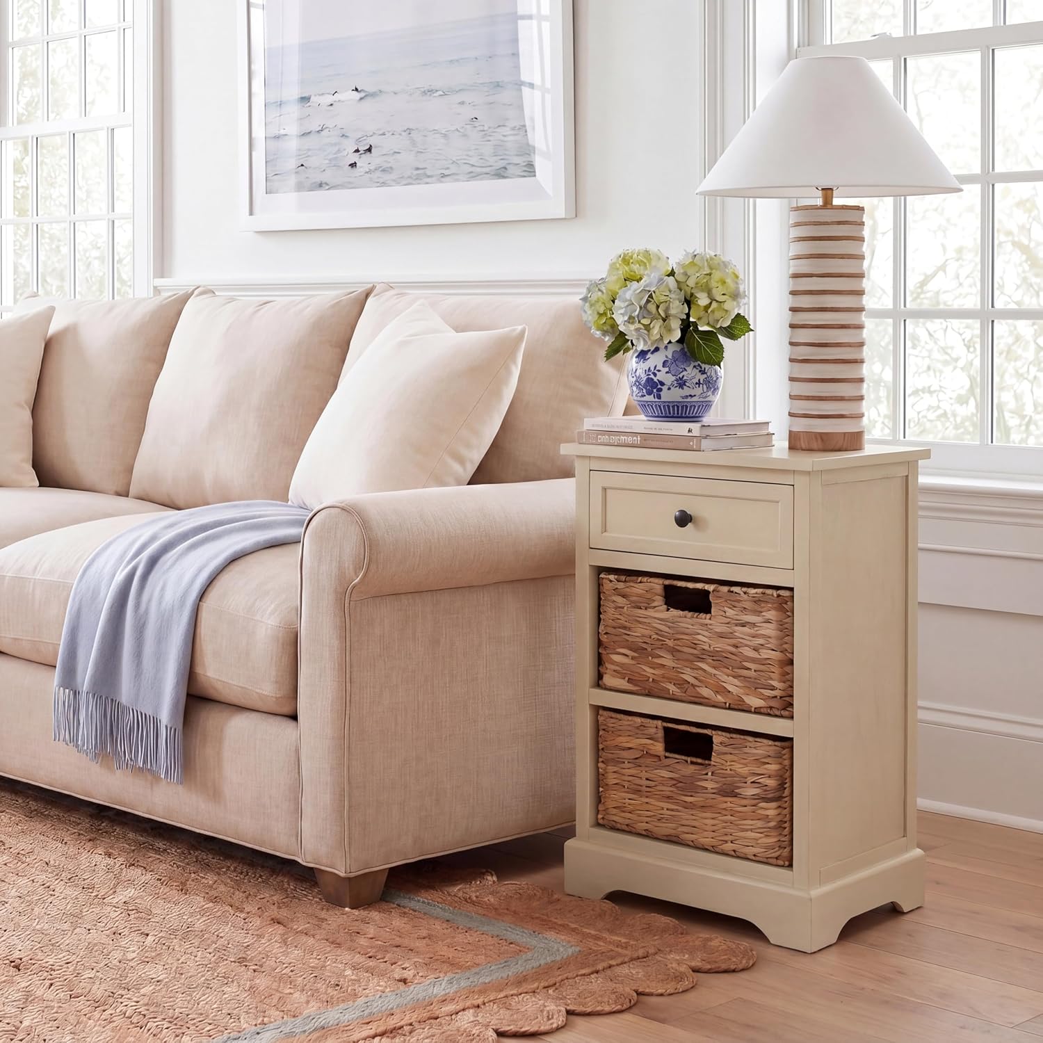SAFAVIEH Furniture - Carrie 3-Shelf Side Table - Sand - Solid Wood - Farmhouse Tiered Design - Ideal for Living Room, Entryway, Home Office, 16" W x 13" D x 26" H - Fully Assembled (AMH5700J)