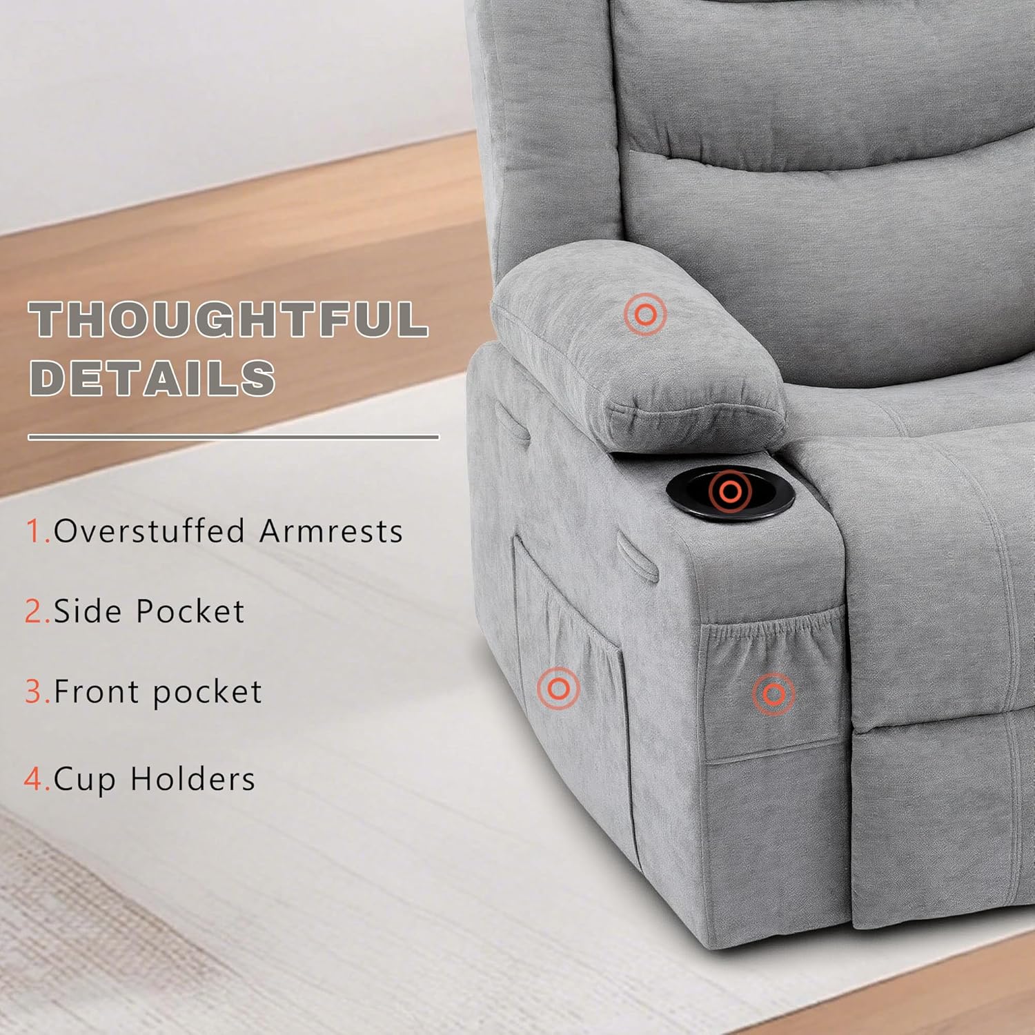 Swivel Rocker Recliner Chair, Manual Recliner Single Sofa with Cup Holders and Side Pocket, Chenille Fabric, Upholstered Nursery Rocking Chair for Living Room, Bedroom, Grey