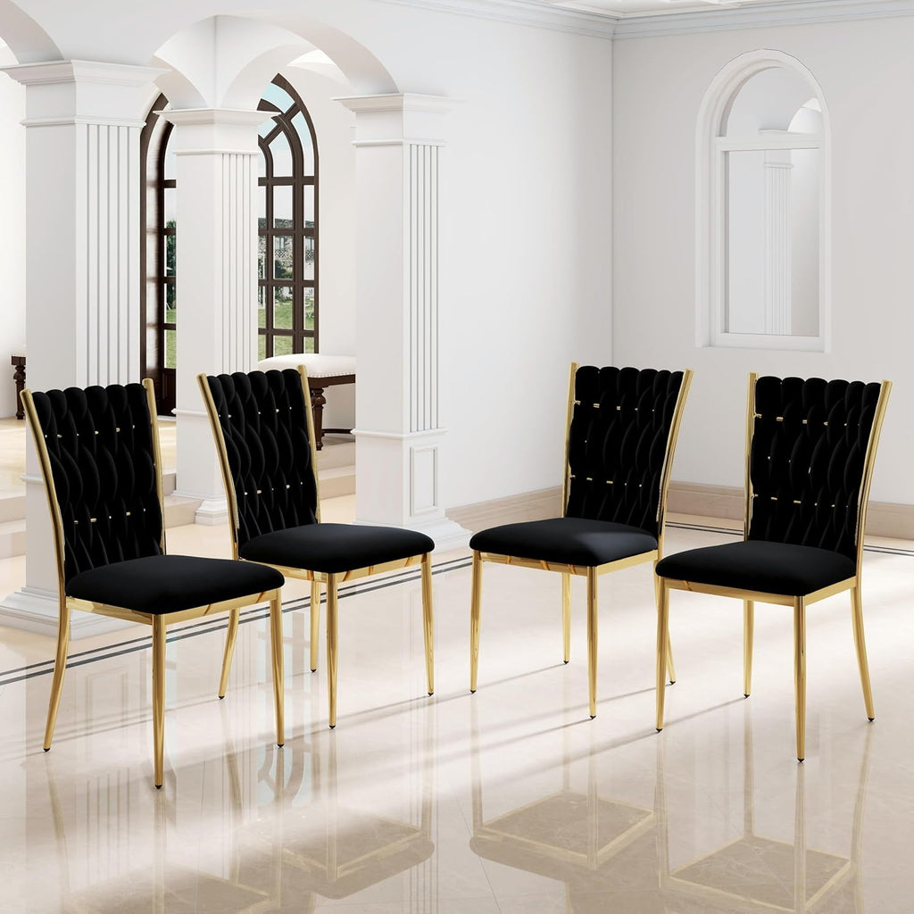 Modern Dining Chairs Set of 4, Black Velvet Woven Kitchen Chair with Golden Metal Legs, Upholstered Cushion & High Back Design, Mid-Century Dining Chairs for Kitchen, Living Room