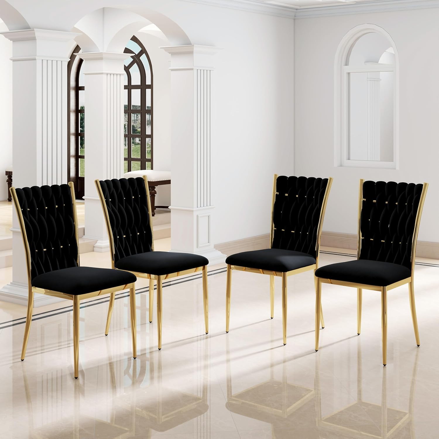 Modern Dining Chairs Set of 4, Black Velvet Woven Kitchen Chair with Golden Metal Legs, Upholstered Cushion & High Back Design, Mid-Century Dining Chairs for Kitchen, Living Room