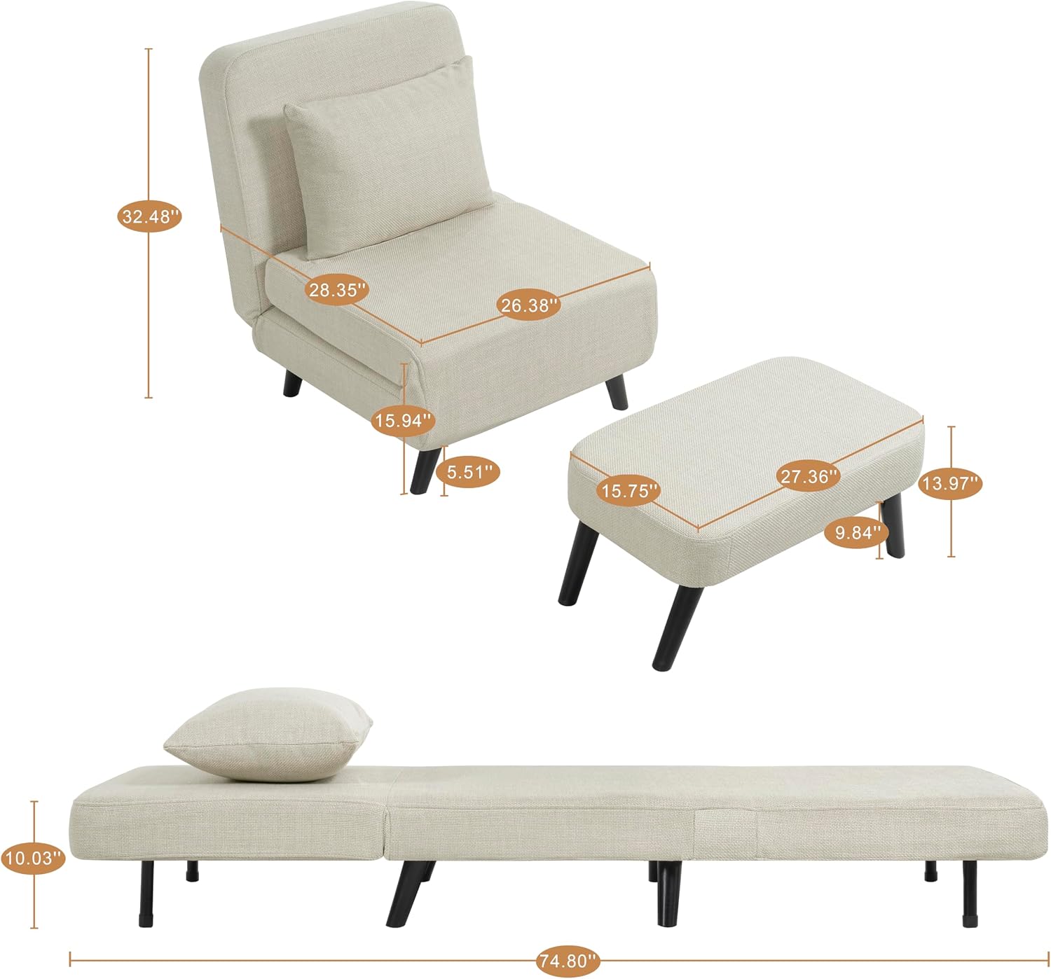 3 in 1 Foldable Sleeper Chair Bed, Convertible Sofa Bed with Adjustable Backrest, Footrest & Detachable Pillow, Linen Chaise Lounge, Accent Chair for Living Room, Bedroom and Office (Beige)
